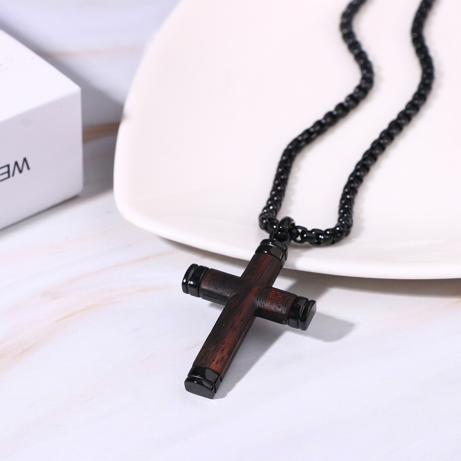 Cool Mens Boys Stainless Steel Natural Wood Cross Pendant Necklace Women Chain