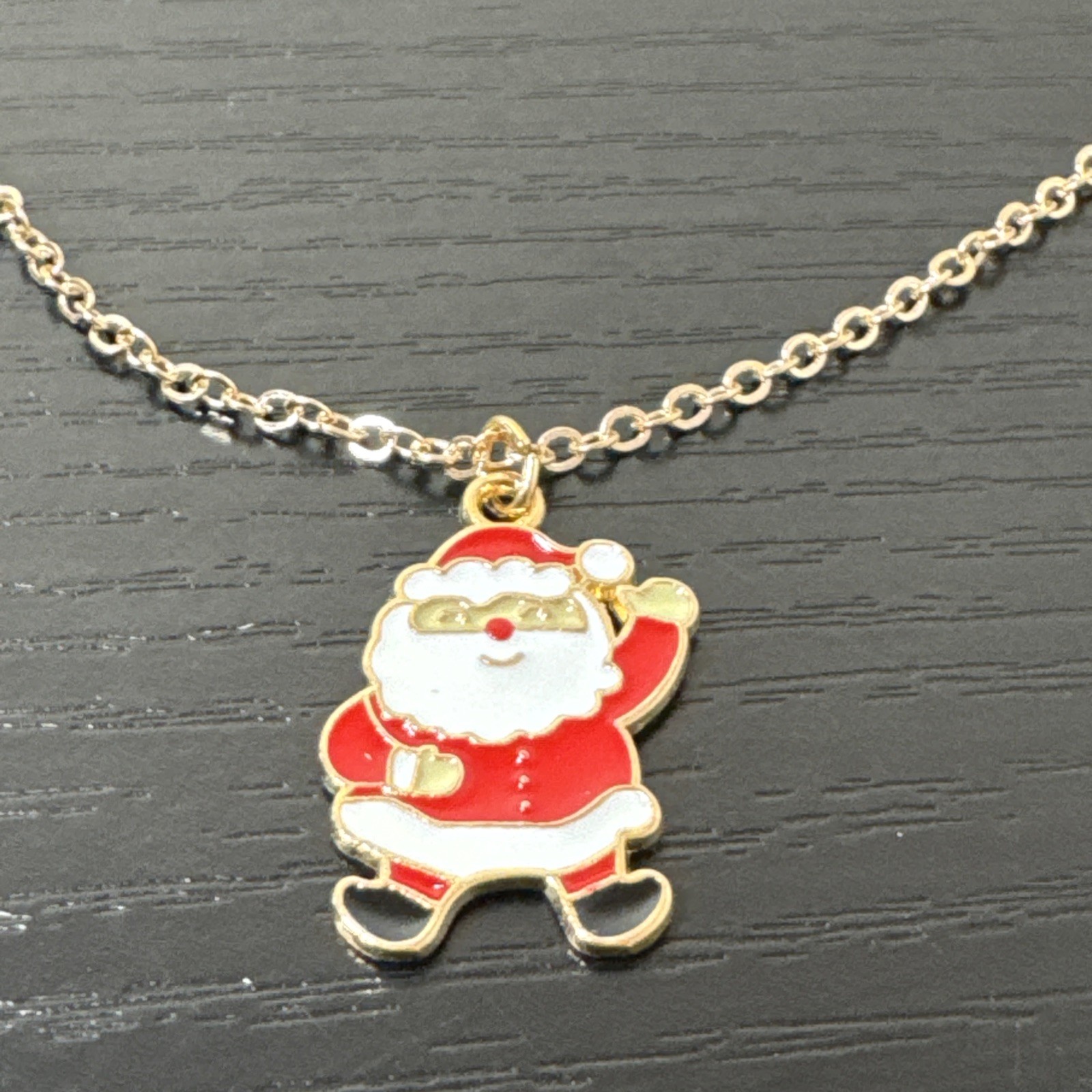 Christmas Santa Enameled Gold Tone 16” Necklace New
