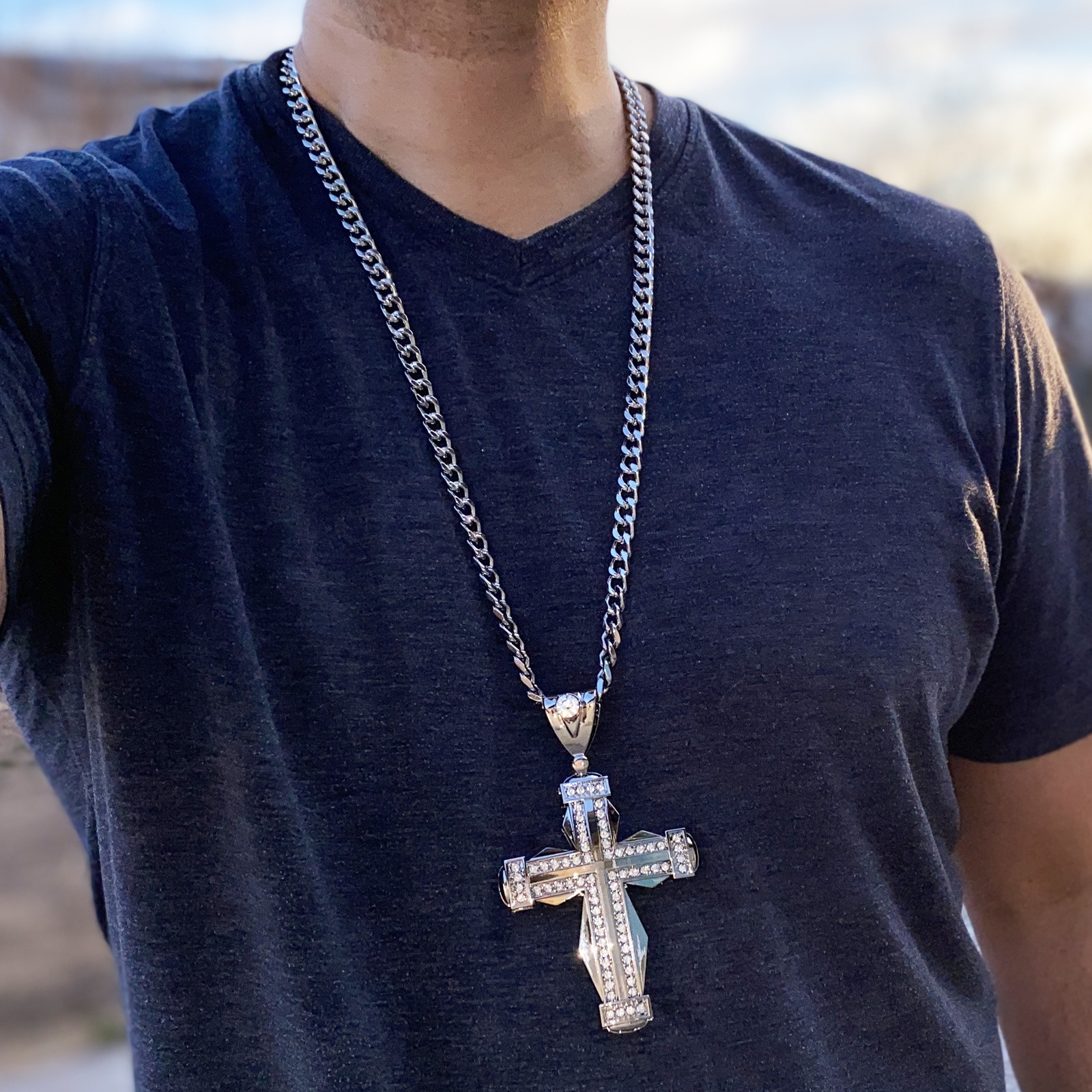 Men Huge Double Cross Pendant Jesus Necklace Silver Tone Hip Hop Cuban Chain 30″