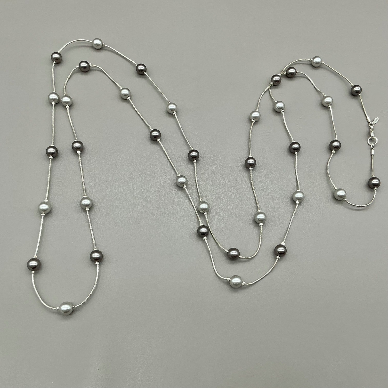 Roman Necklace Womens Silver Tone Pearl Station Snake Chain Double Strand 48″