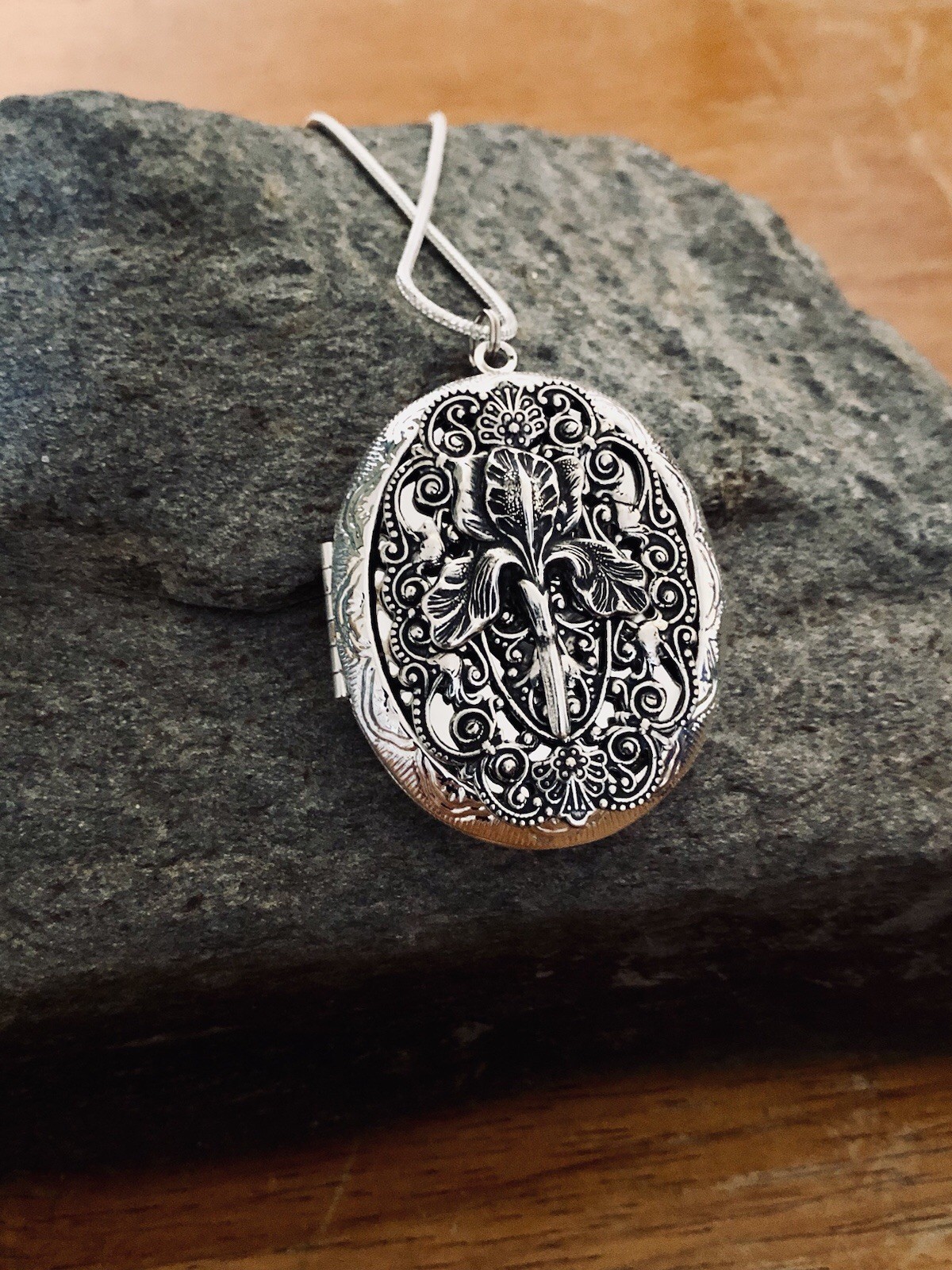 Iris Locket Necklace, Photo Memorial Keepsake Pendant, Sterling Silver Chain