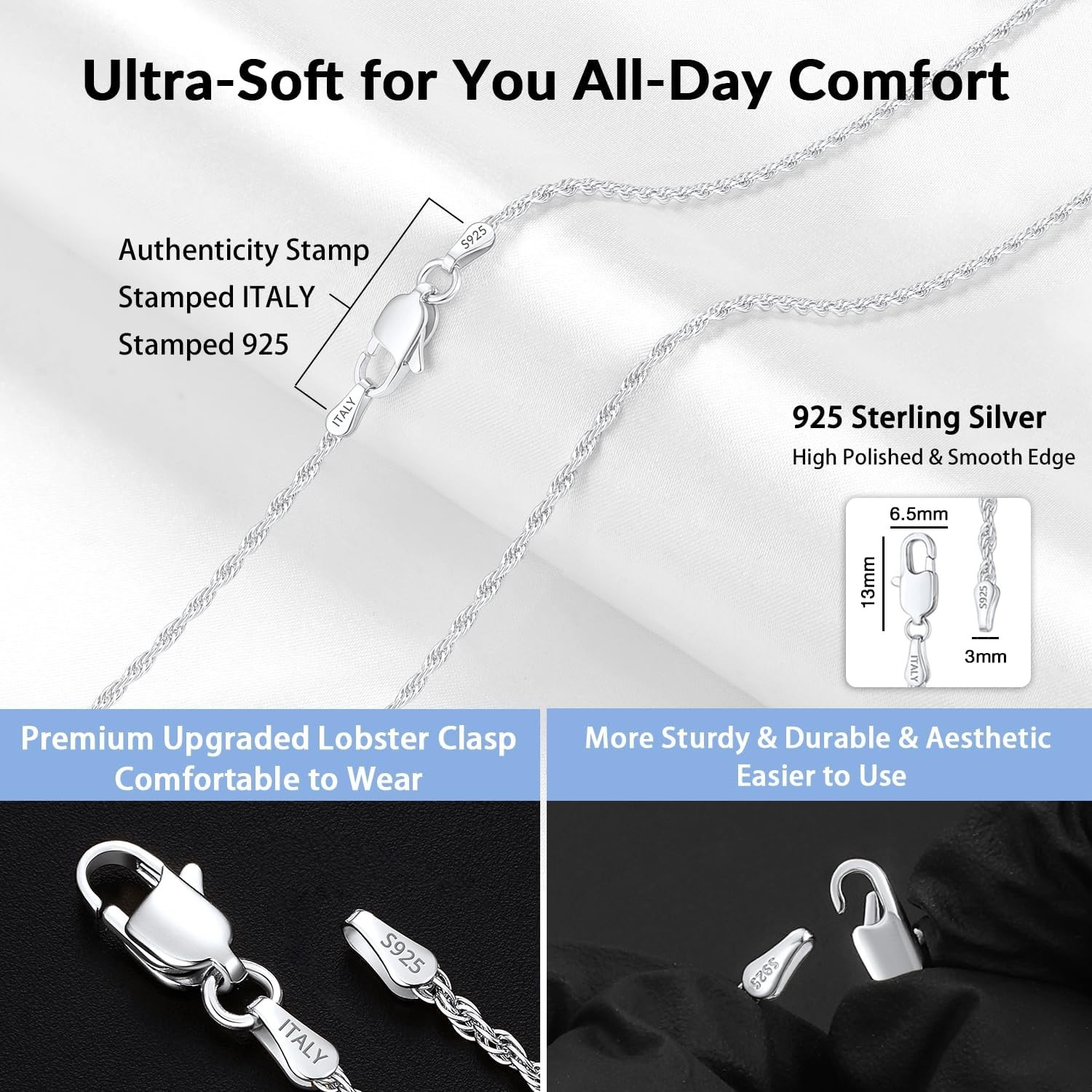 Versatile 1.5mm/2mm Silver Rope Chain for Women – Perfect Gift for Any Occasion