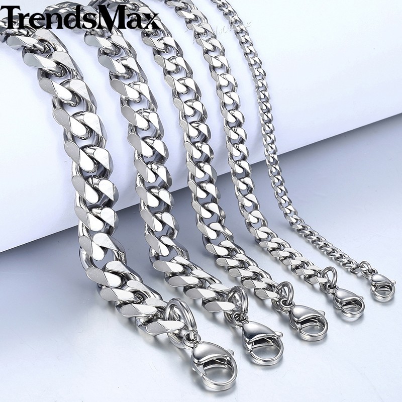 16″-30″ Stainless Steel Silver Chain Cuban Curb Men Women Necklace 3/5/7/9/11mm