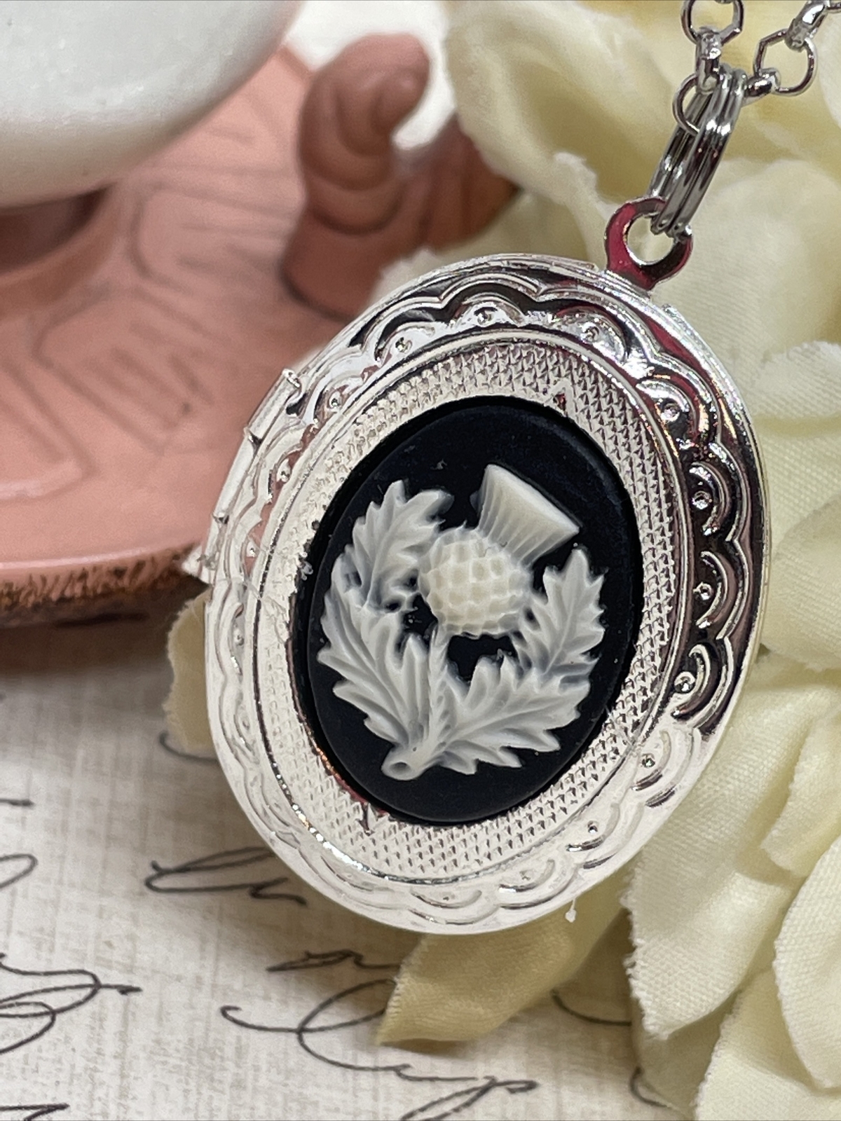 Scottish Thistle Necklace Locket Silver EASTER pendant IRISH CELTIC GIFT photo