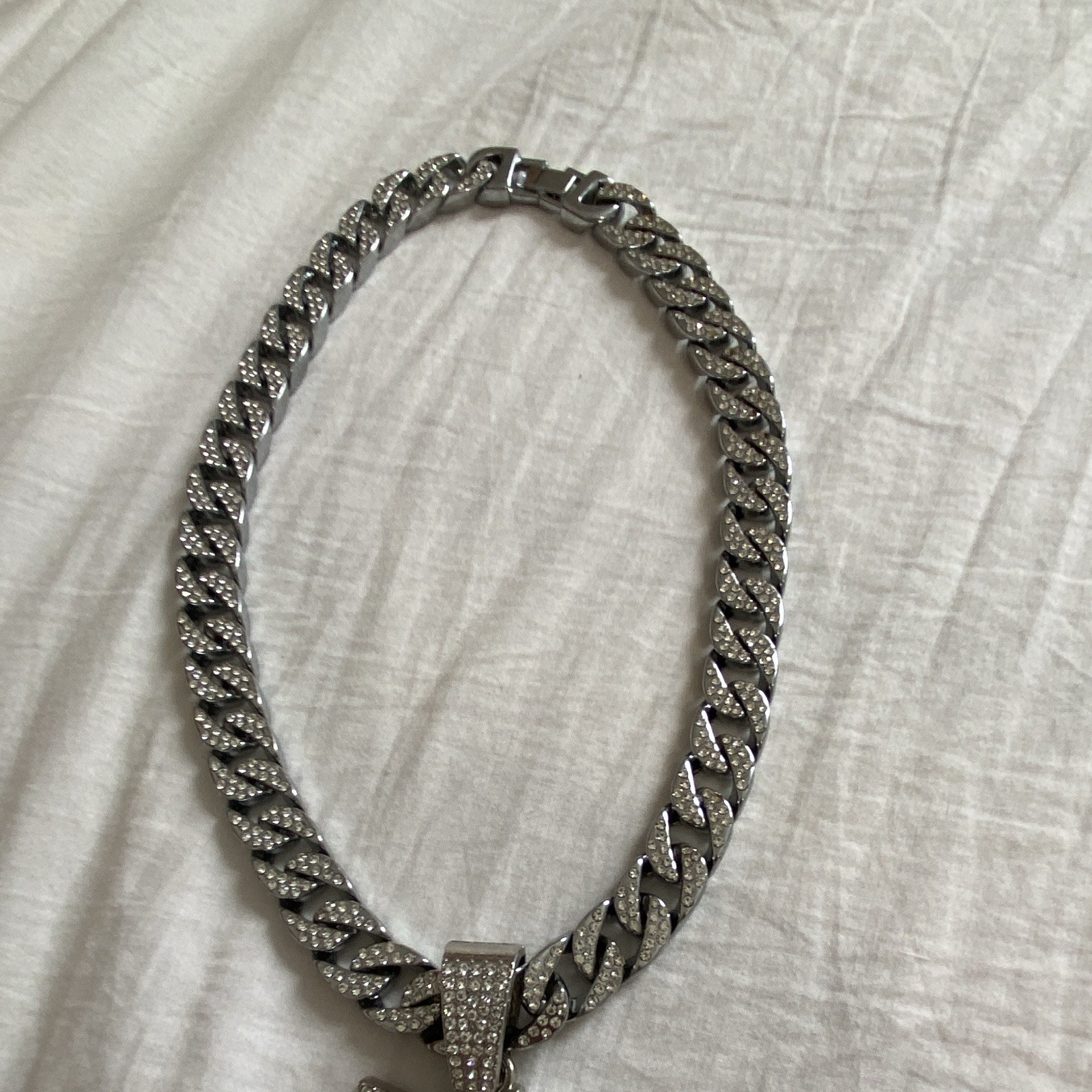 Silver Cuban Link Chain Necklace Gengar Charm Pendant Pavé Rhinestone Box