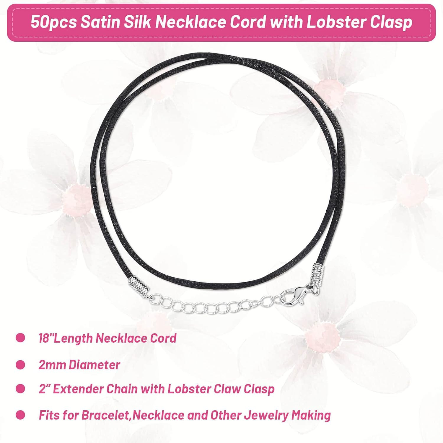 50Pcs Satin Silk Necklace Cord with Lobster Clasp and Extension Chain