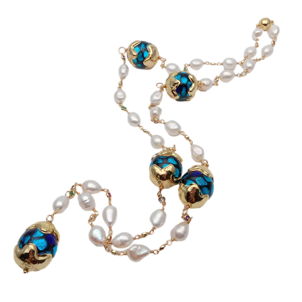 33″ Cultured White Baroque Pearl Blue Murano Glass Rosary Chain Long Necklace