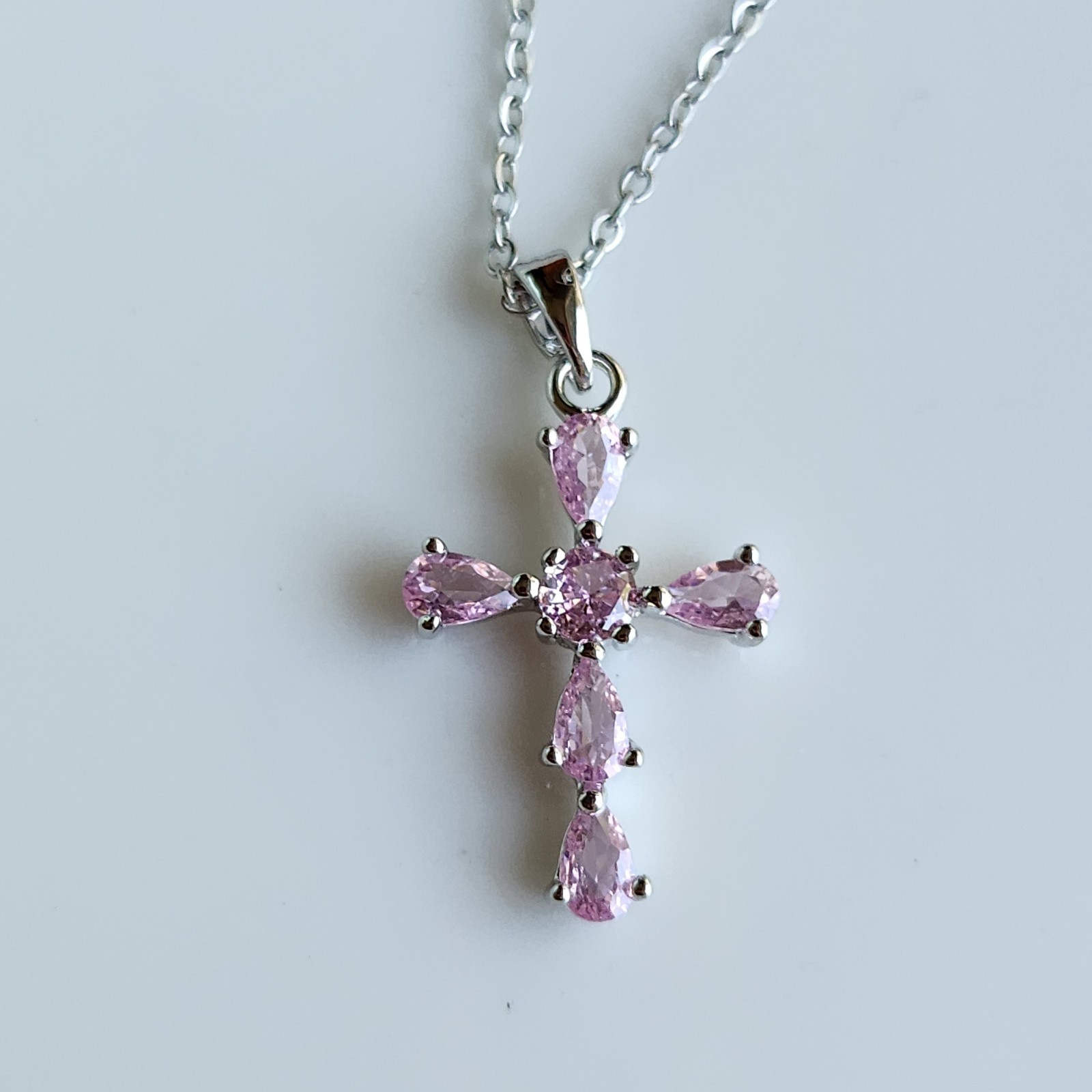 14k White Gold-Plated Pear Pink Tourmaline CROSS 1” Pendant free chain