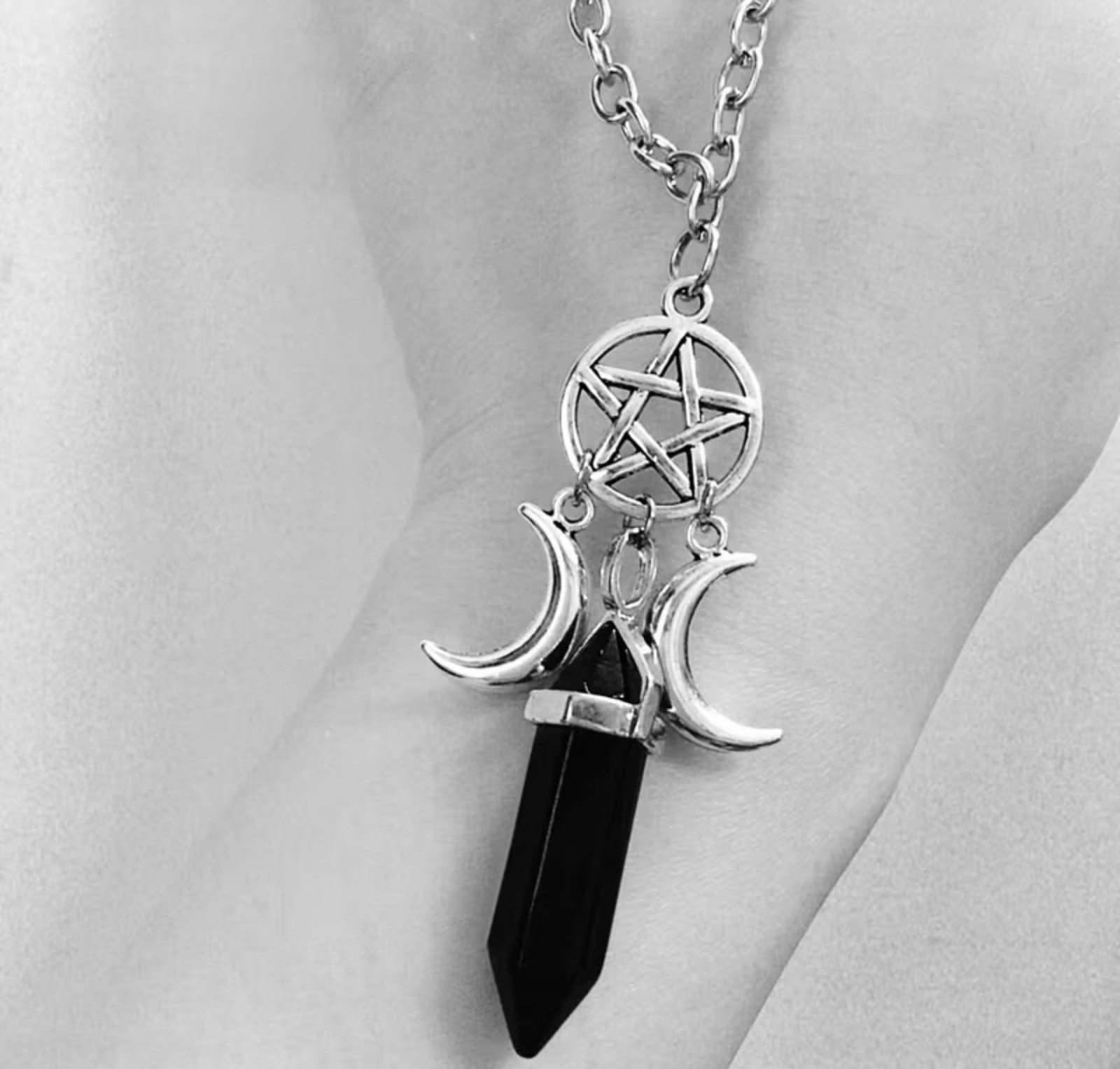 Authentic Onyx Crystal Pendant Necklace, Pentacle, Triple Moon Pendant