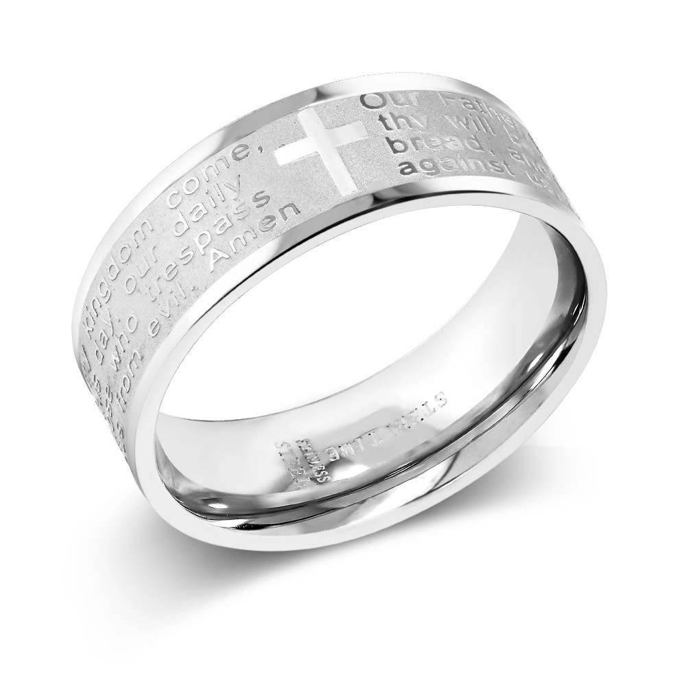 8MM Men’s Stainless Steel Bible Christian Lord’s Prayer Cross Wedding Band