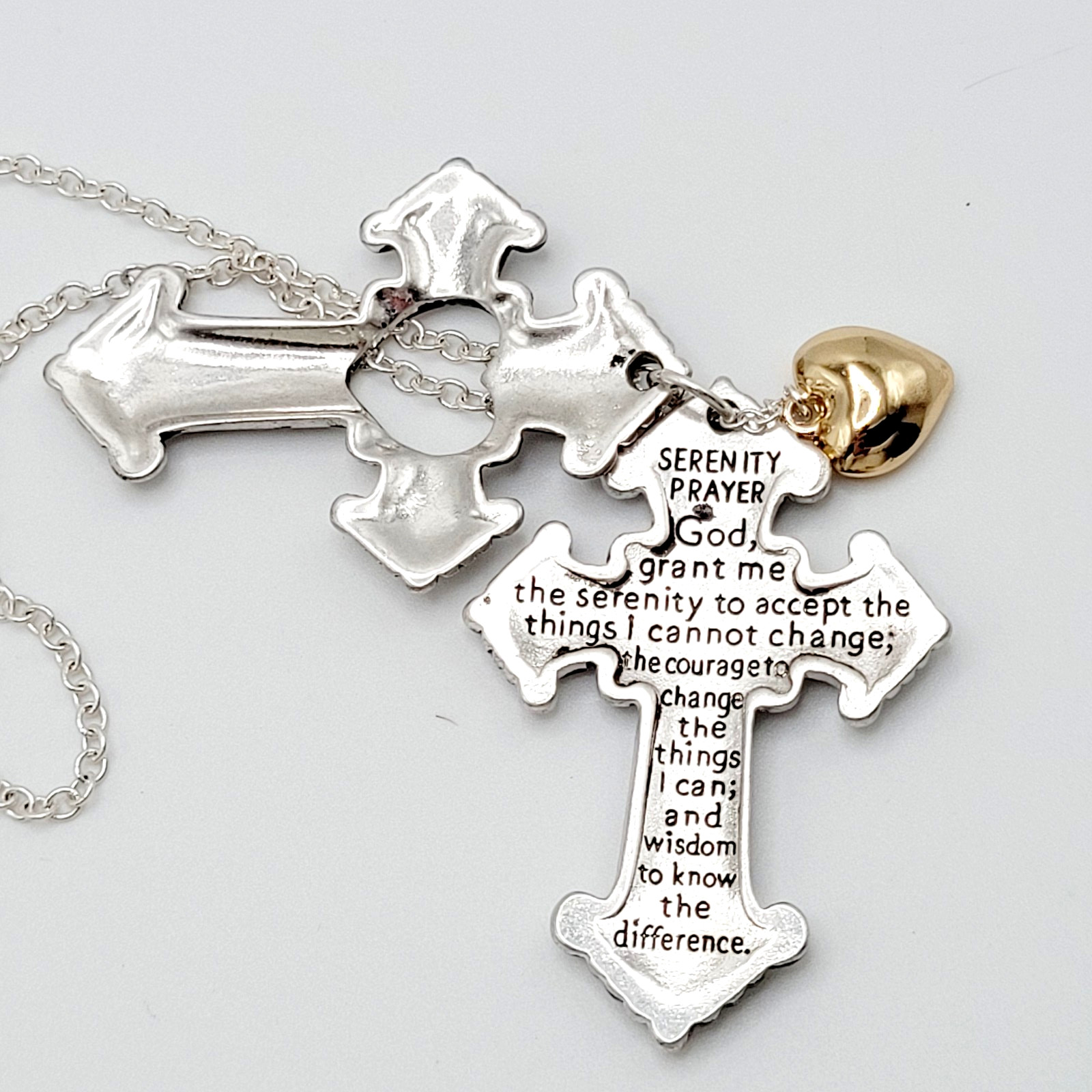 Modern Slide Cross Heart Charm Serenity Prayer Roman Style Silver Tone Necklace