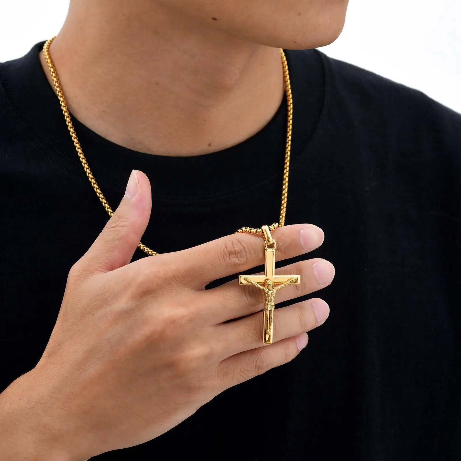 Waterproof Crucifix Cross Necklace for Men Boys,Stainless Steel Catholic Cross P