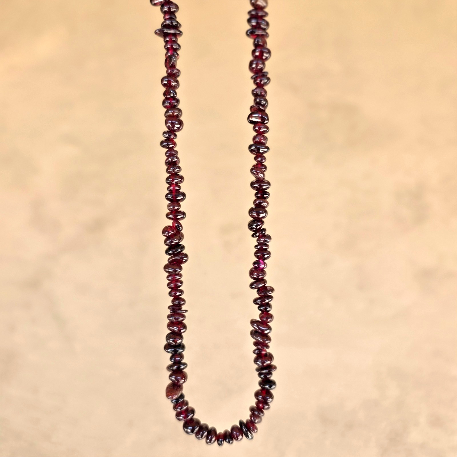 Vintage Natural Red Garnet Nugget Bead Beaded Necklace Original Silk Satin Bag