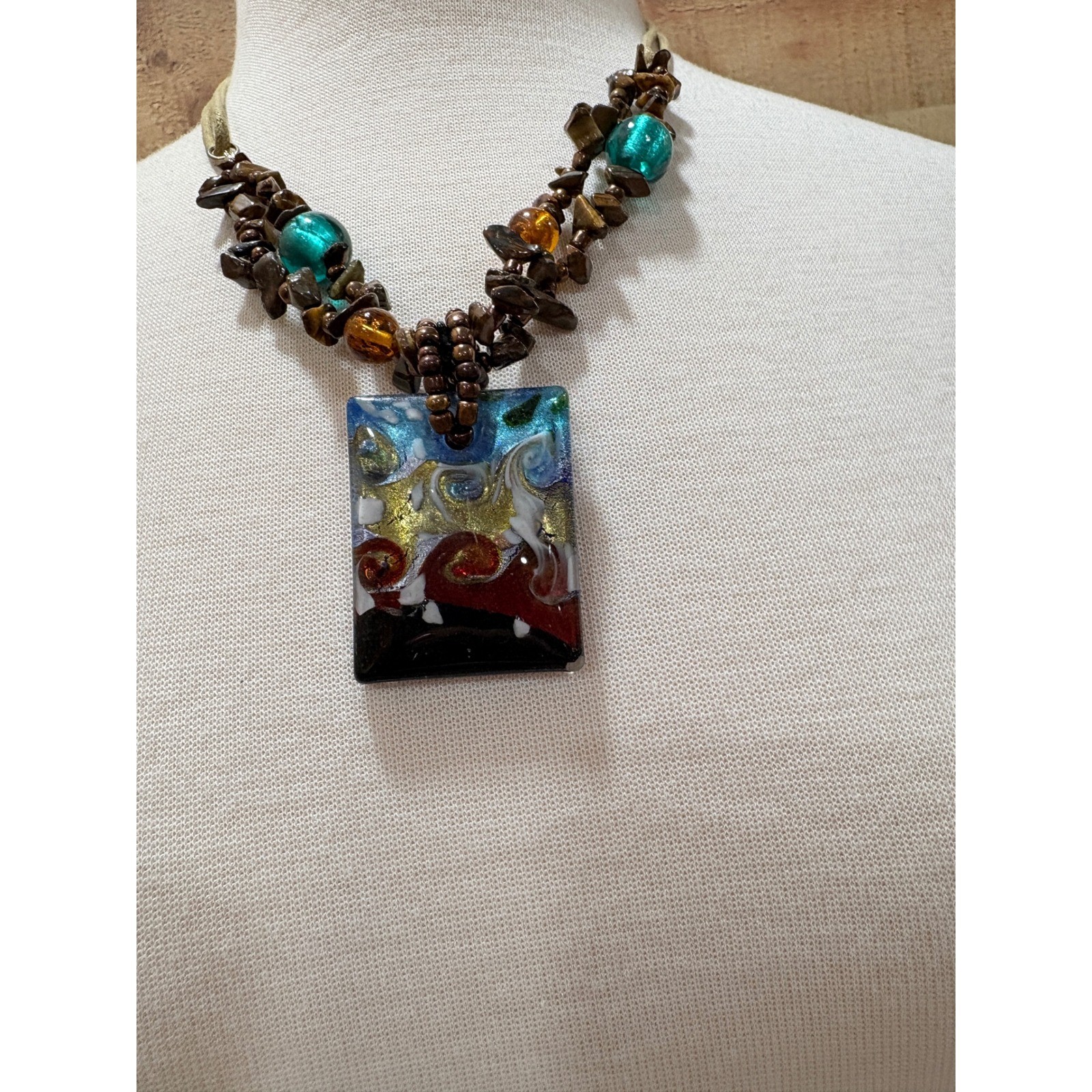 Bohemian Glass Pendant Necklace Stone Beads Colorful Abstract Art Jewelry 15in