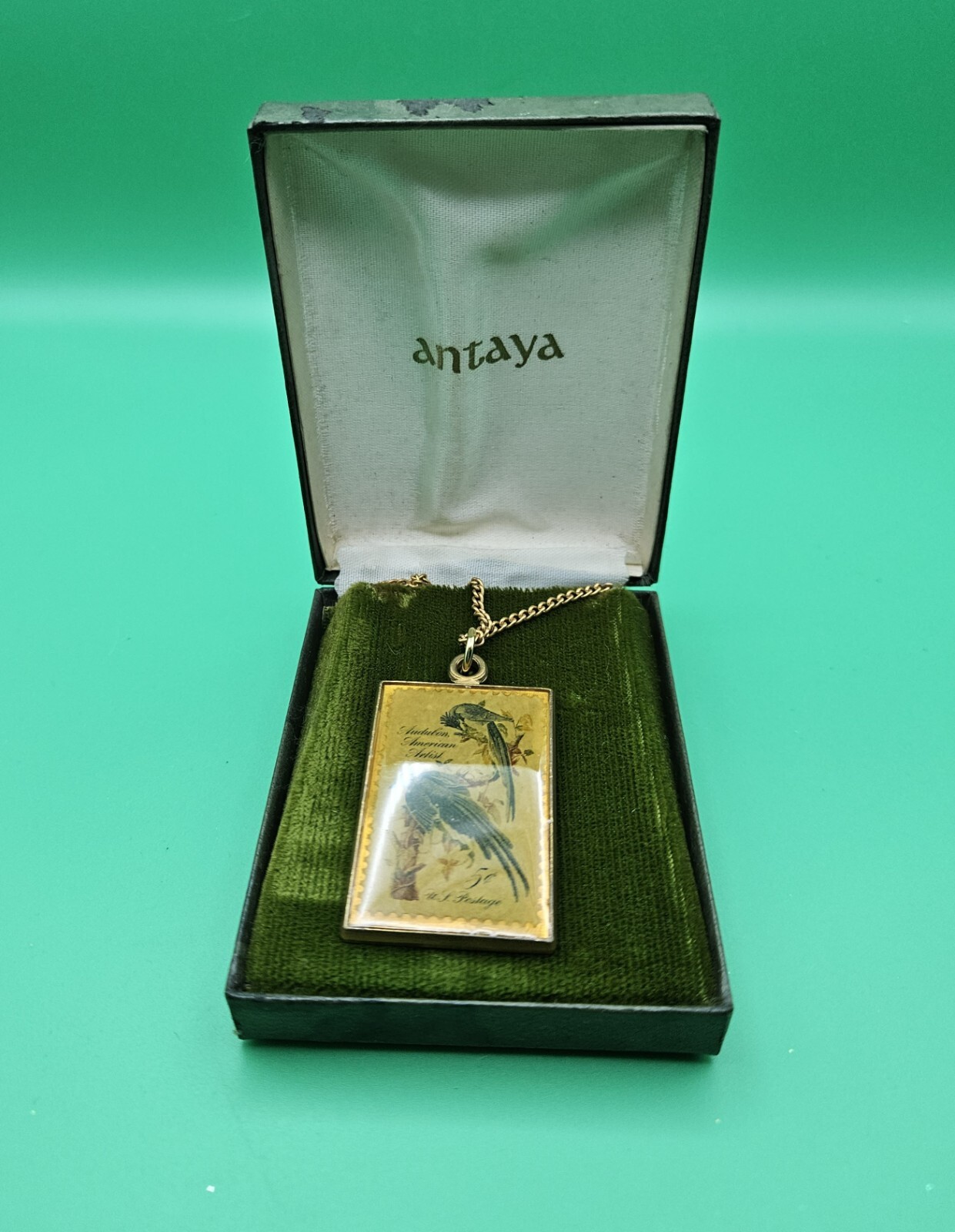 Audubon American Artist 5c Postal Stamp Solid Brass Necklace Pendant NIB Antaya