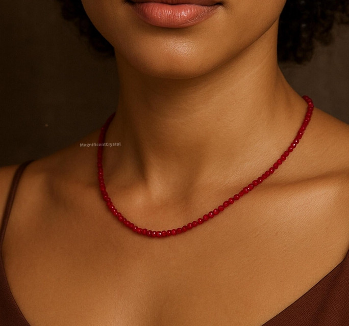 Tiny Red Garnet Gemstone Beaded Minimalist Choker Dainty Birthstone Jewelry Gift
