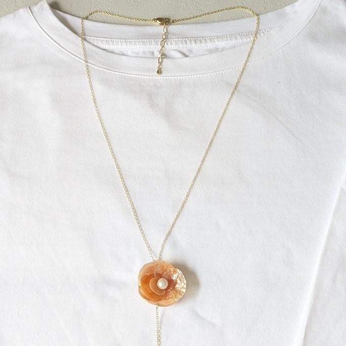 Handmade Japanese Orange Shell Flower Y-Necklace, Coastal Boho Pearl Lariat Jewe