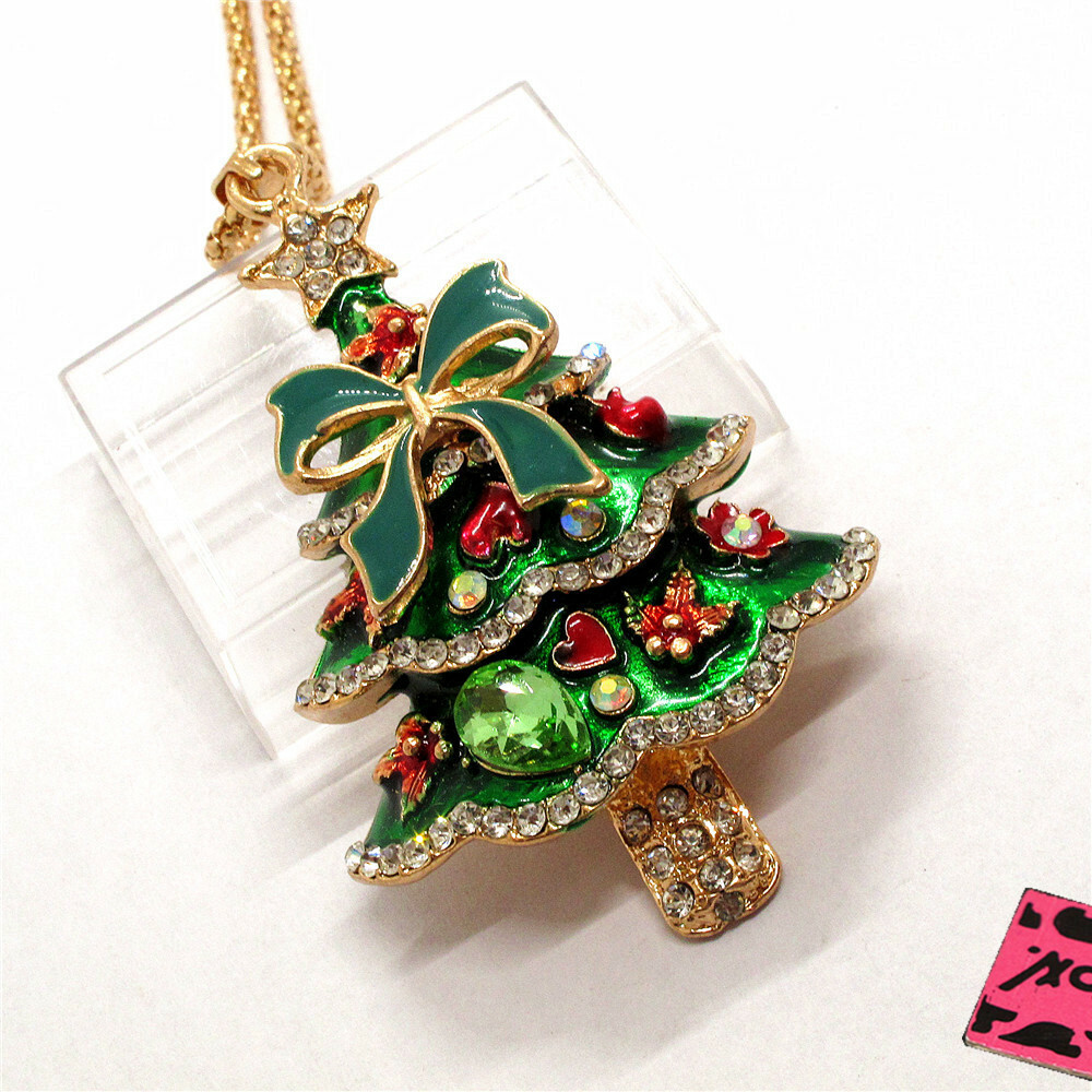 New Fashion Women Green Enamel Christmas Tree Crystal Sweater Chain Necklace