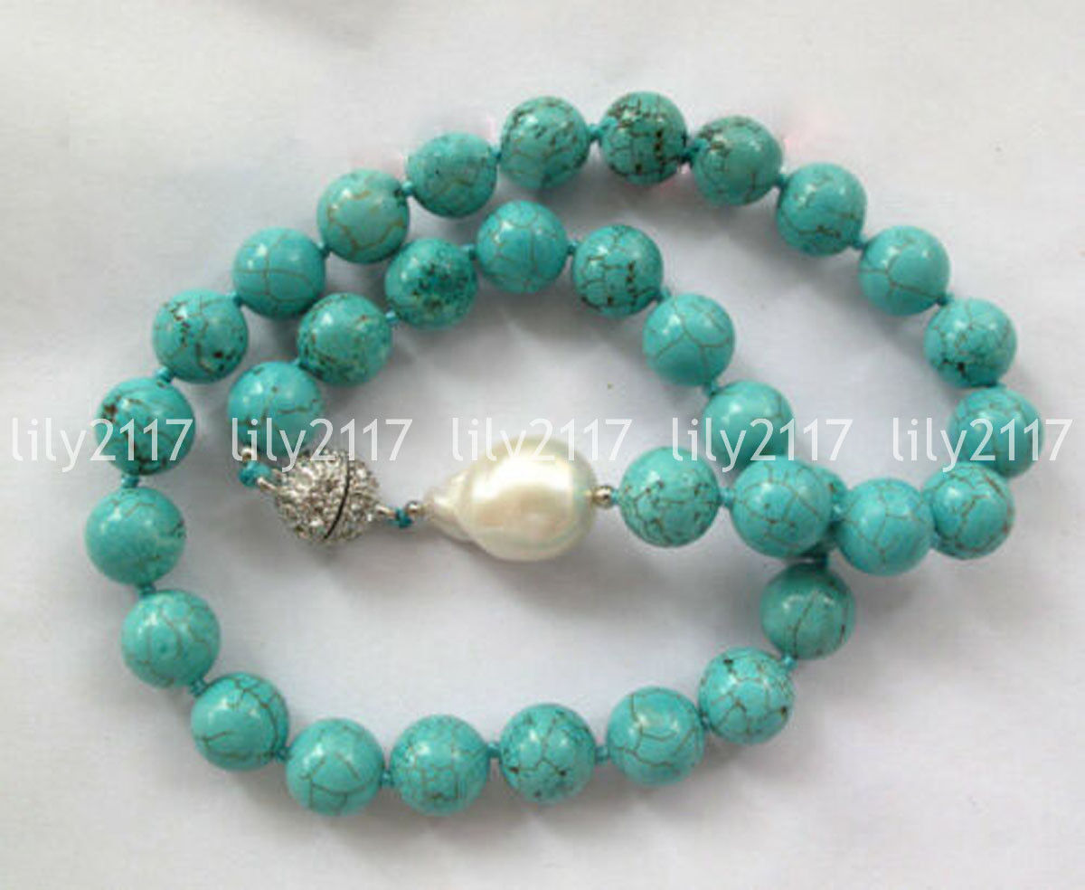 Natural Turquoise Round Gemstone Beads White Baroque Keshi Pearl Necklace 6-12mm