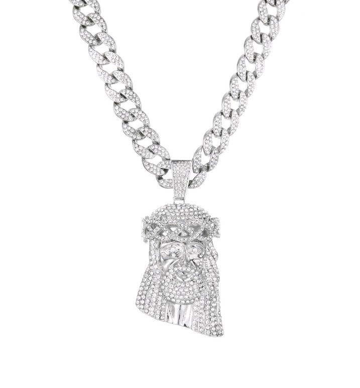Silver Tone Cuban Link Chain Jesus Head Pavé CZ Pendant Necklace 20 inch White