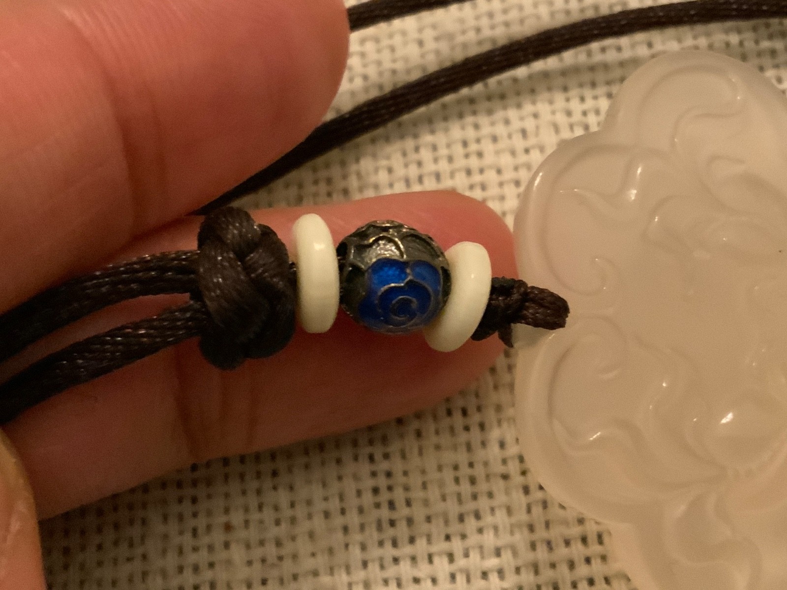 Vintage Jade translucent Phoenix pendant blue cloisonné bead cord necklace