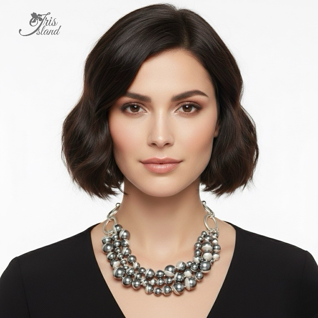 Chunky Silver Plated Shell Pearl Statement Necklace 16.5” Multi Strand Choker 65