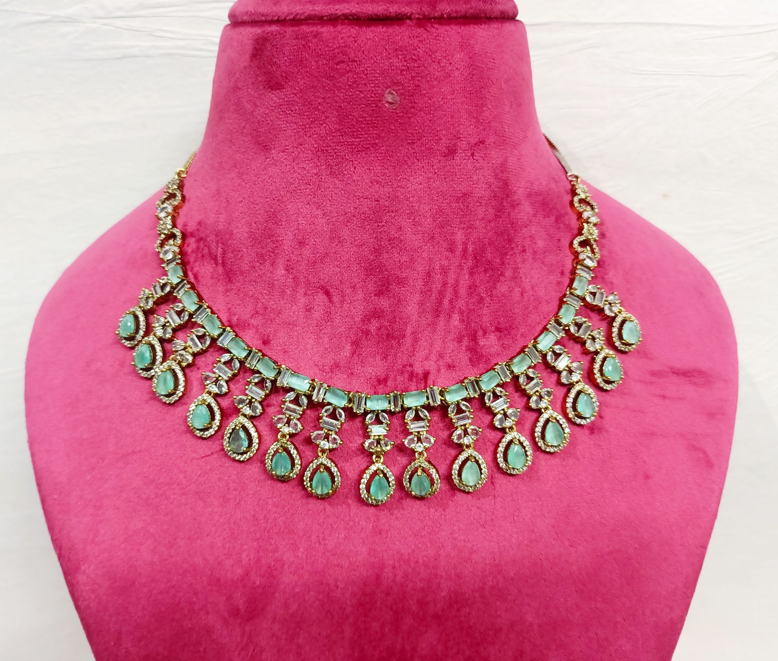 Mint Bridal CZ Necklace Earring Antique Plated Party Wear Wedding Choker Jewelry