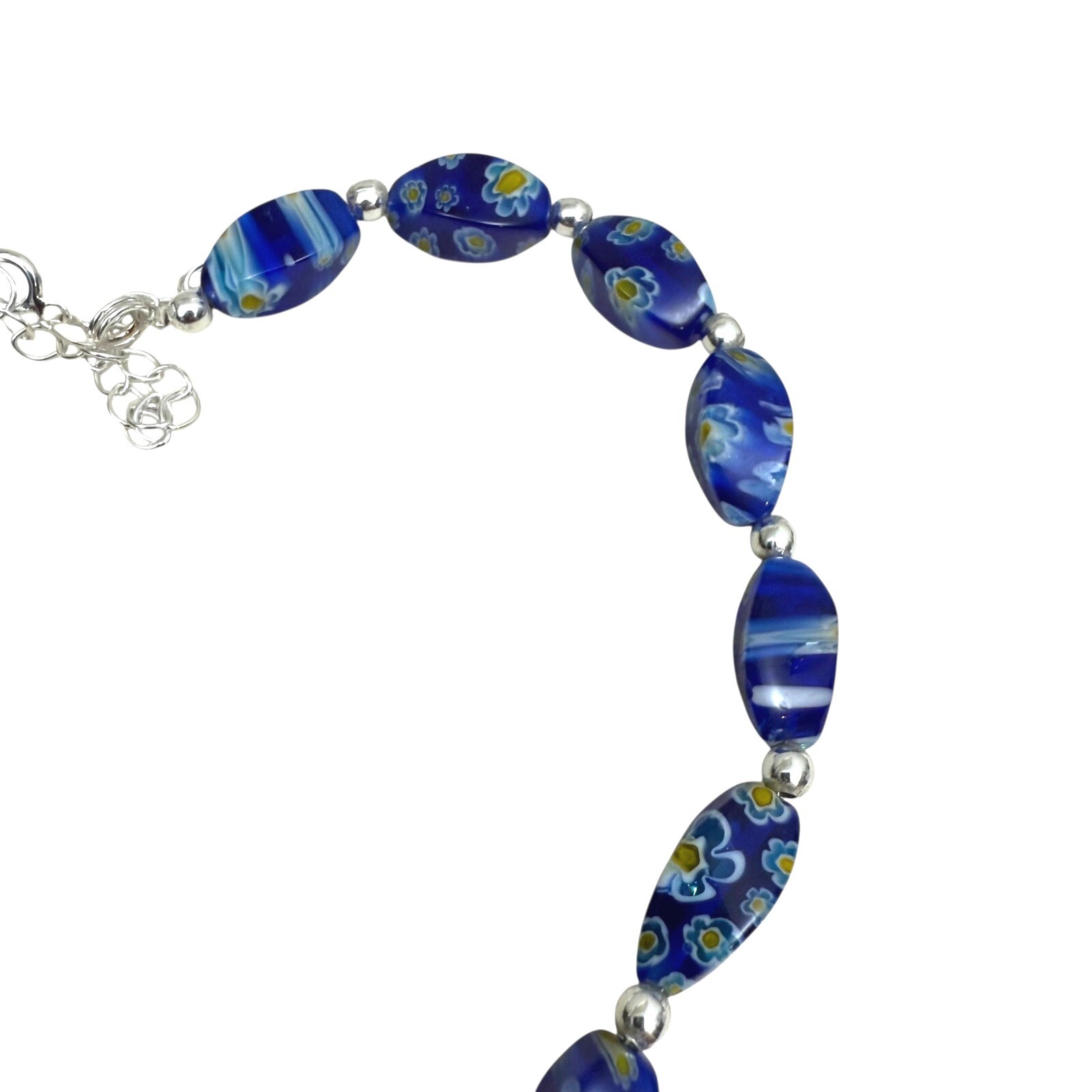 925 Silver Blue Millefiori Glass Beaded Necklace Floral Collar Accent 7.5 in L