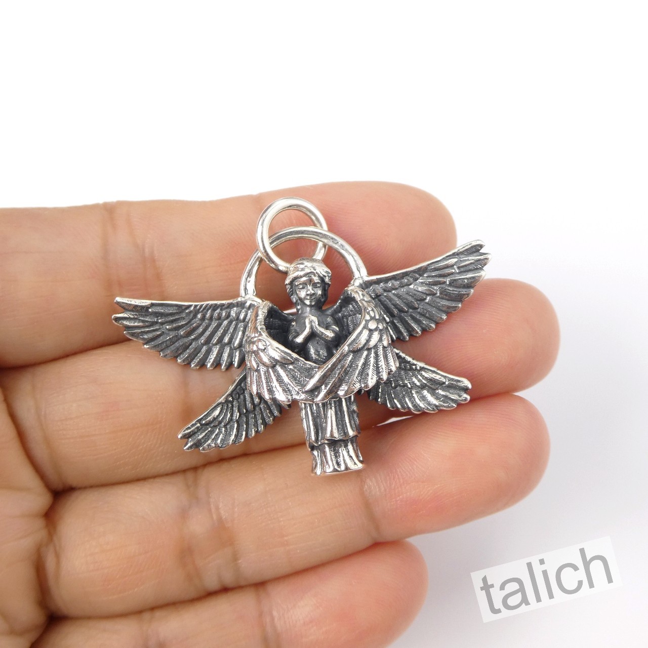925 Sterling Silver Six Winged Praying Guardian Angel Pendant Protection Amulet