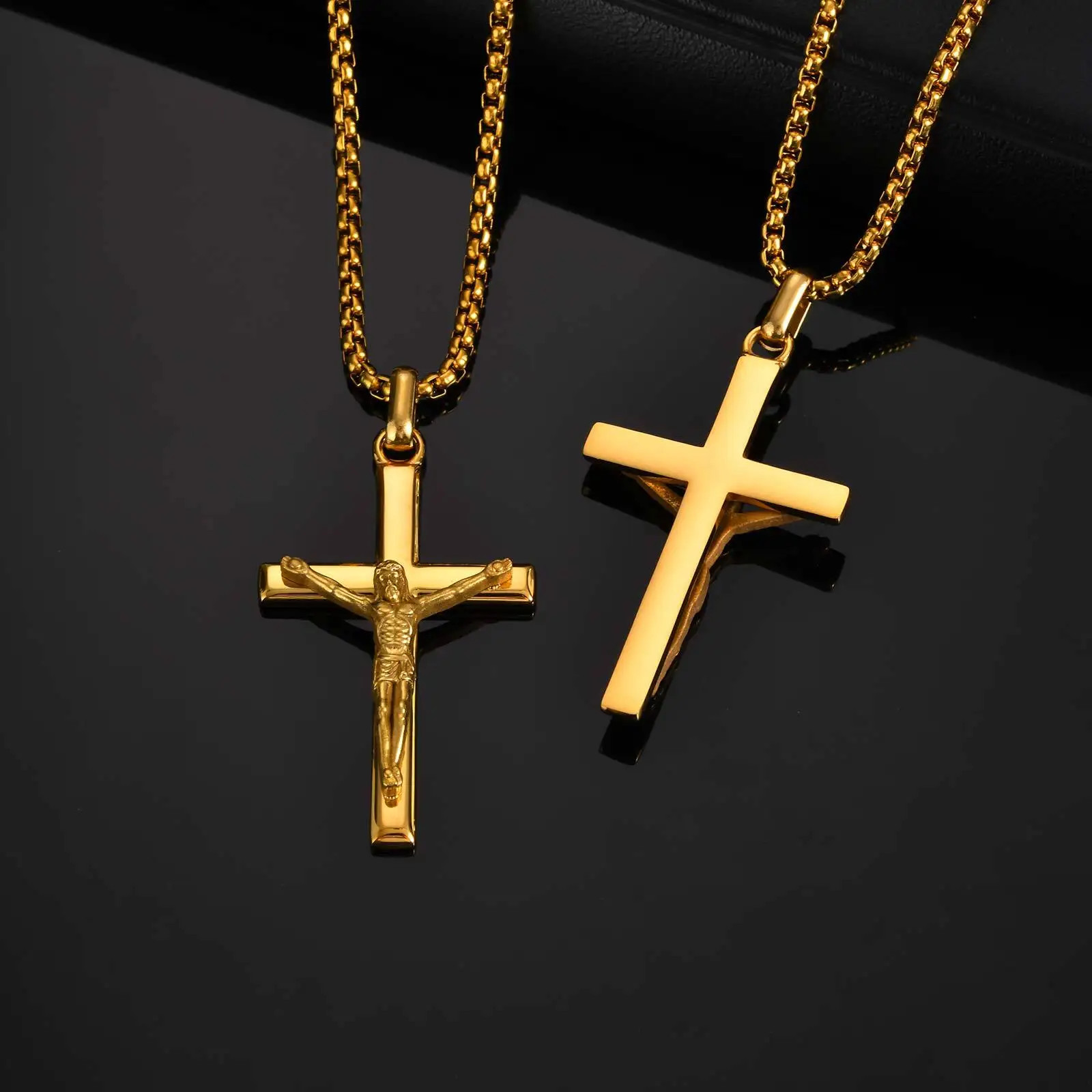 Waterproof Crucifix Cross Necklace for Men Boys,Stainless Steel Catholic Cross P