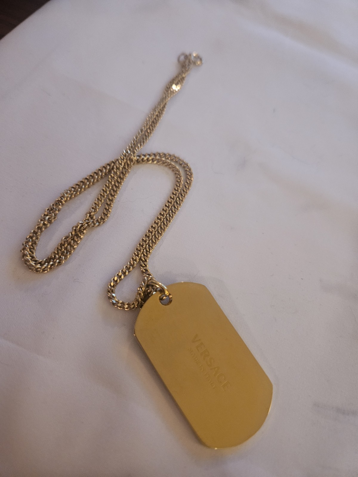 Versace Gold Tone Curb Chain Tag Pendant Necklace Black Enamel Engraved Italy