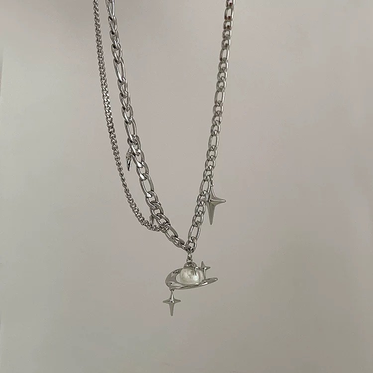 Silver Stainless Two Layer Planet Star Necklace Saturn Minimal Men Stack Jewelry