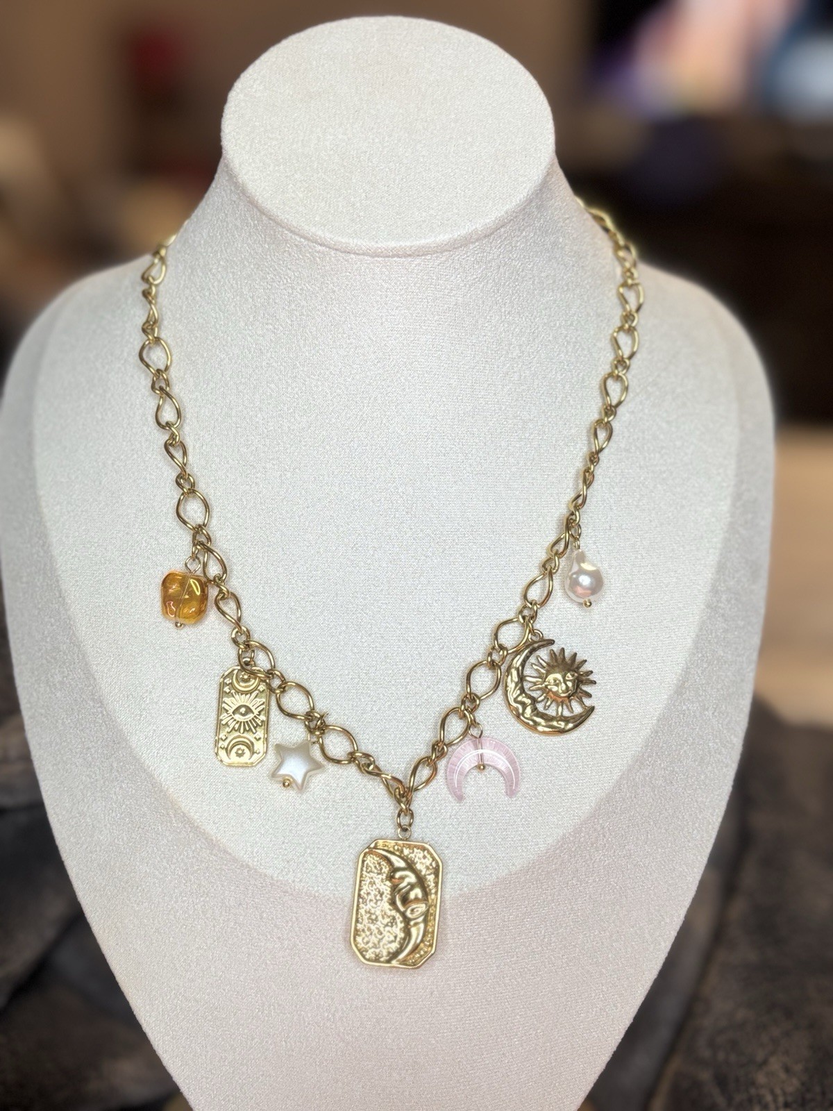 Gold Tone Celestial Charm Necklace Cable Chain Mixed Charms Pearl Accent