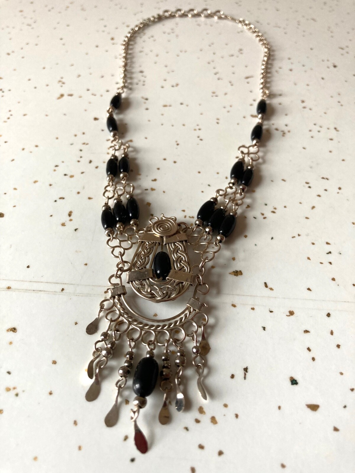 New Handmade Peruvian Alpaca Silver Black Beaded Chocker Necklace 17″ Long