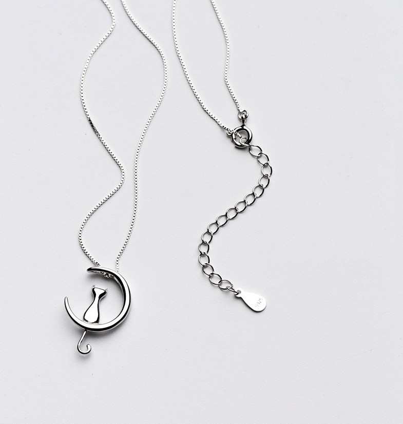 925 Sterling Silver Cat On Moon Crescent Pendant Necklace Christmas 18″ Chain