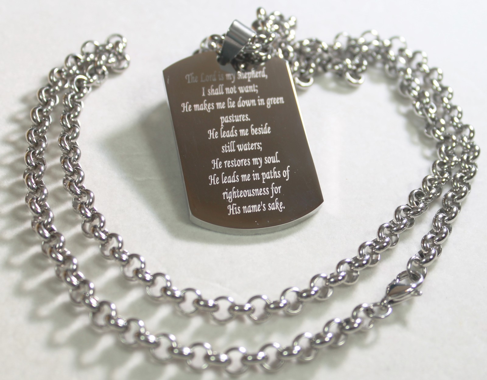 PSALM 23 THICK NECKLACE DOG TAG STAINLESS STEEL ROLO CHAIN PRAYER MEMORIAL