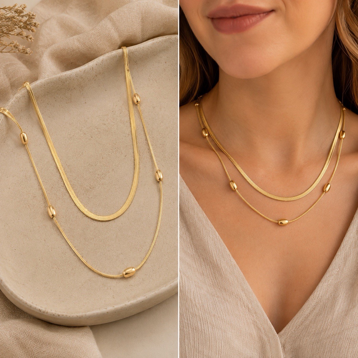 18K Gold Plated Layered Herringbone Beaded Necklace Set Stainless Steel