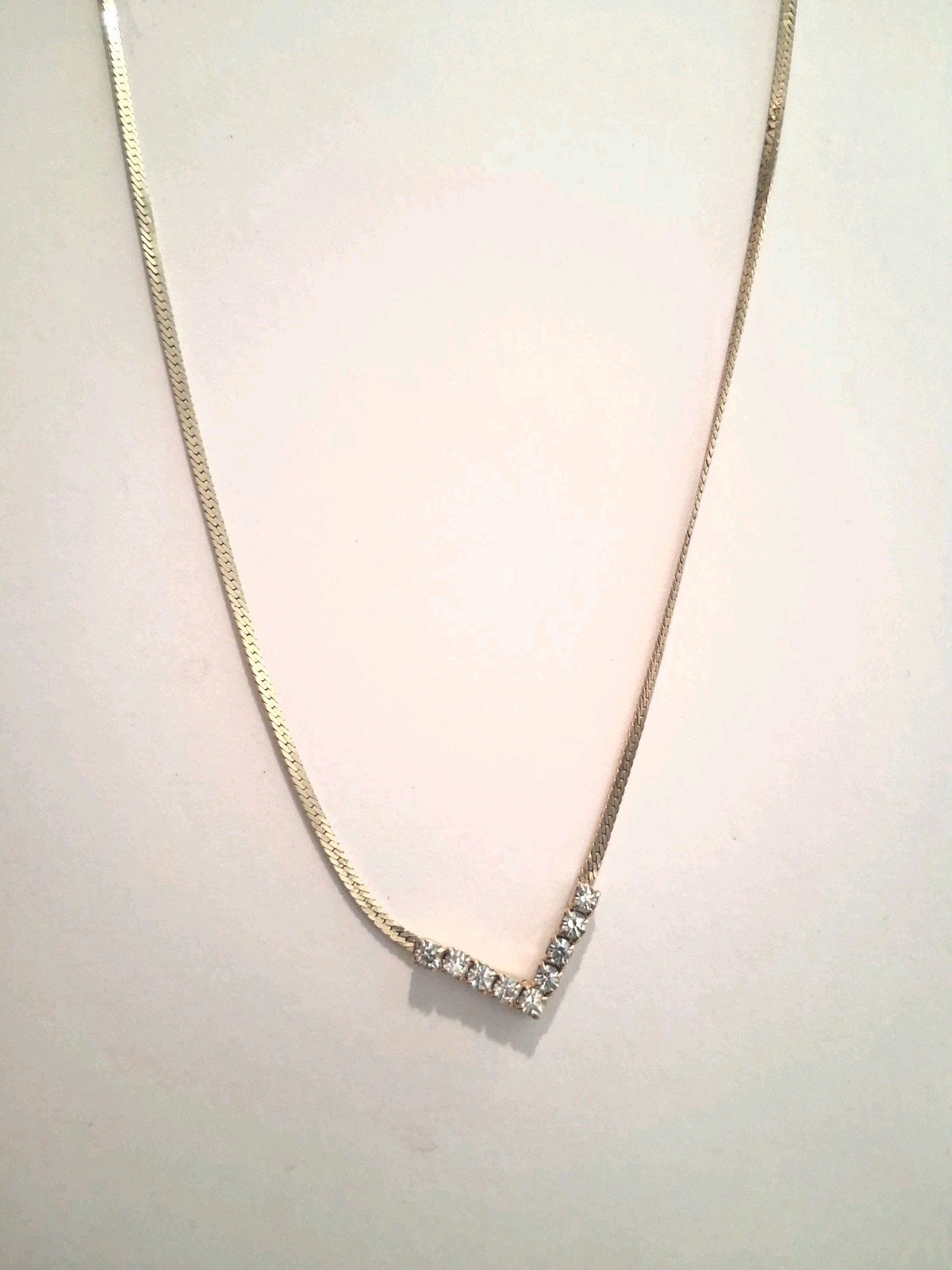 Gold Tone Snake Chain Necklace w/ V-Shaped Crystal Pendant, Adjustable