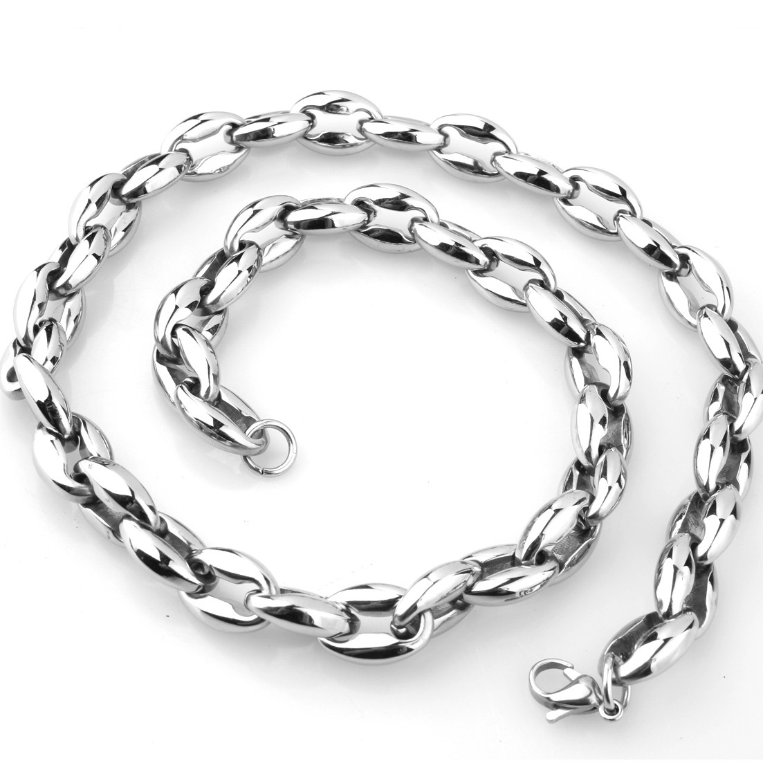 Huge Heavy Stainless Steel Silver Coffee Beans Chain Men Women Necklace 22″*12mm