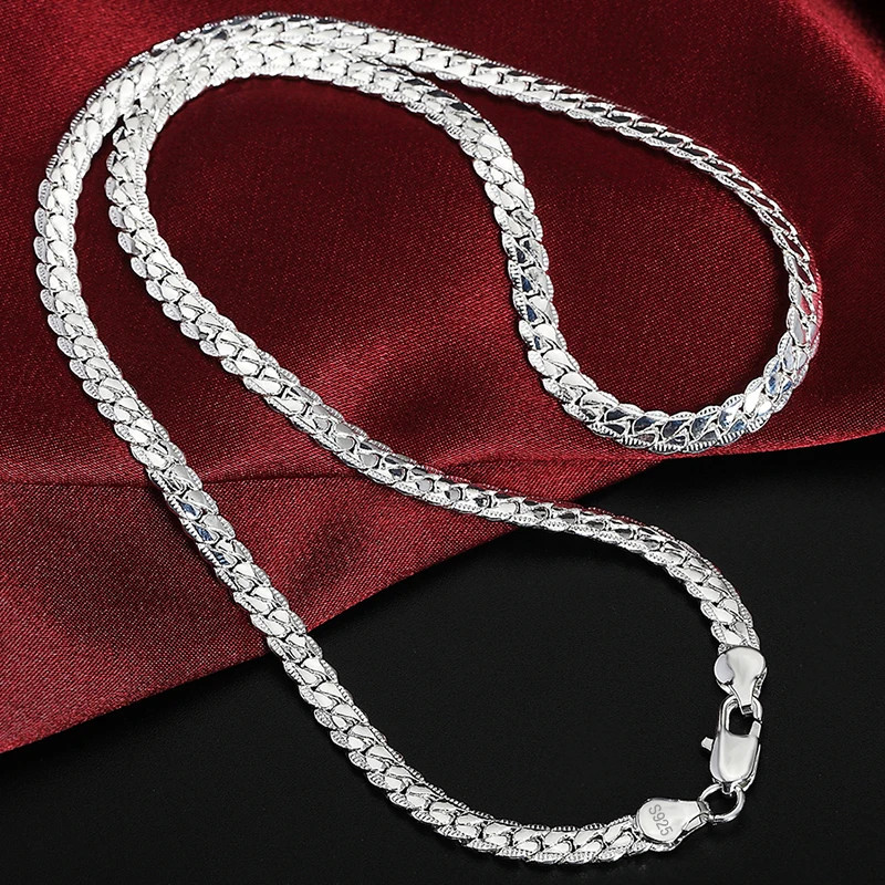Sterling Silver Chain Necklace 925 6mm Side Chain 8-24in Link Women Jewelry