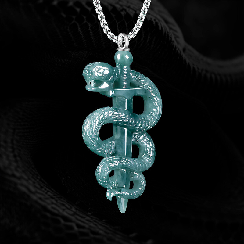 Blue Myanmar Jadeite Snake Pendant Necklace 925 Silver Burmese Jade