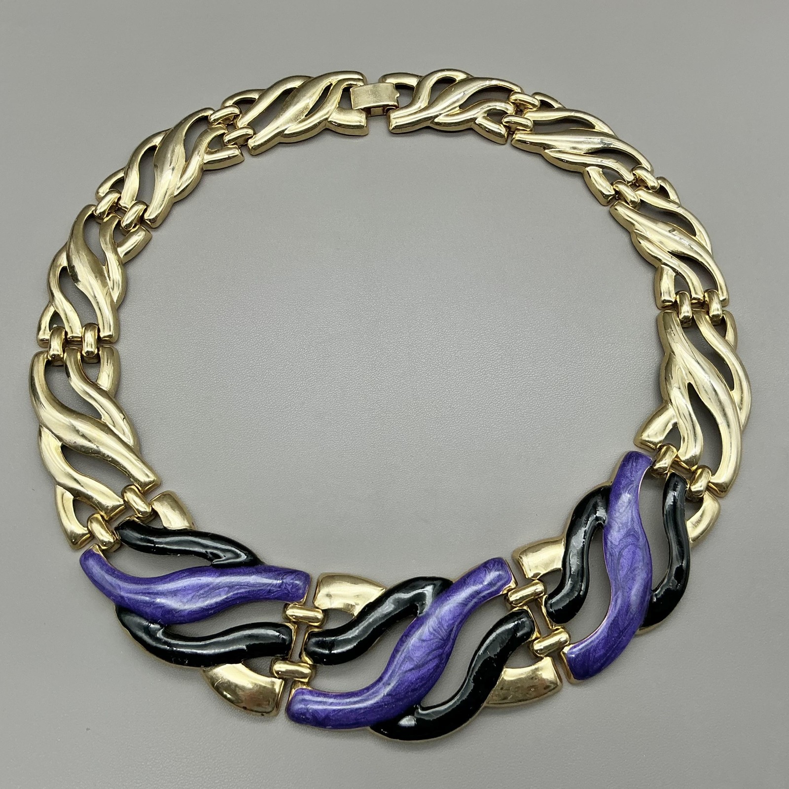 Necklace Statement Collar Gold Tone Purple Black Enamel Wave Womens Jewelry