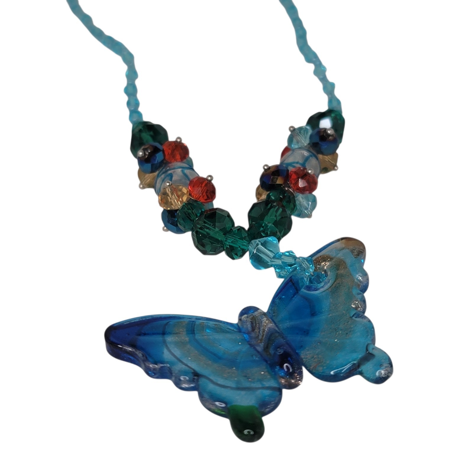 Butterfly Lampwork Necklace Glass Beads Blue Multi Color 18 Inch