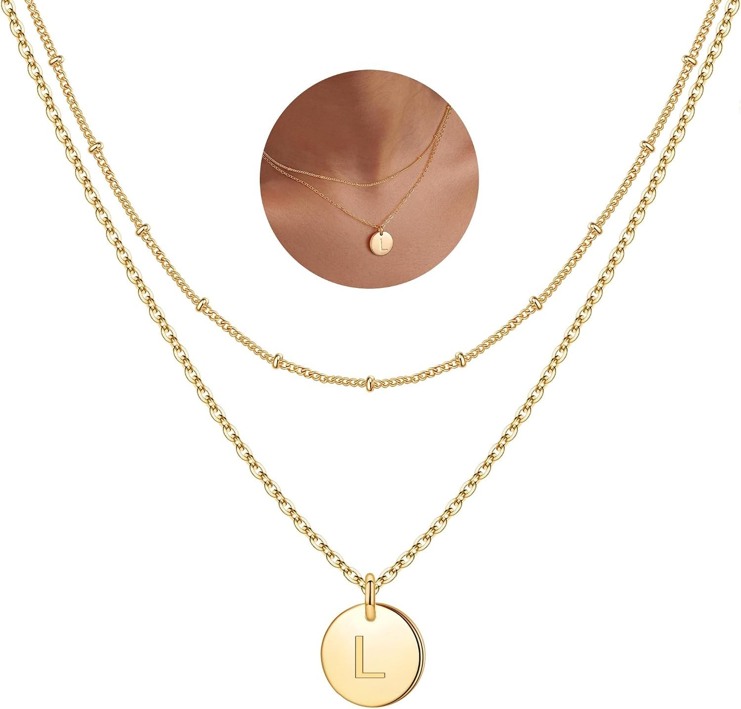Initial Necklaces for Women Girls, Disc Letter A-Z Layered Necklace | Disc Ne…