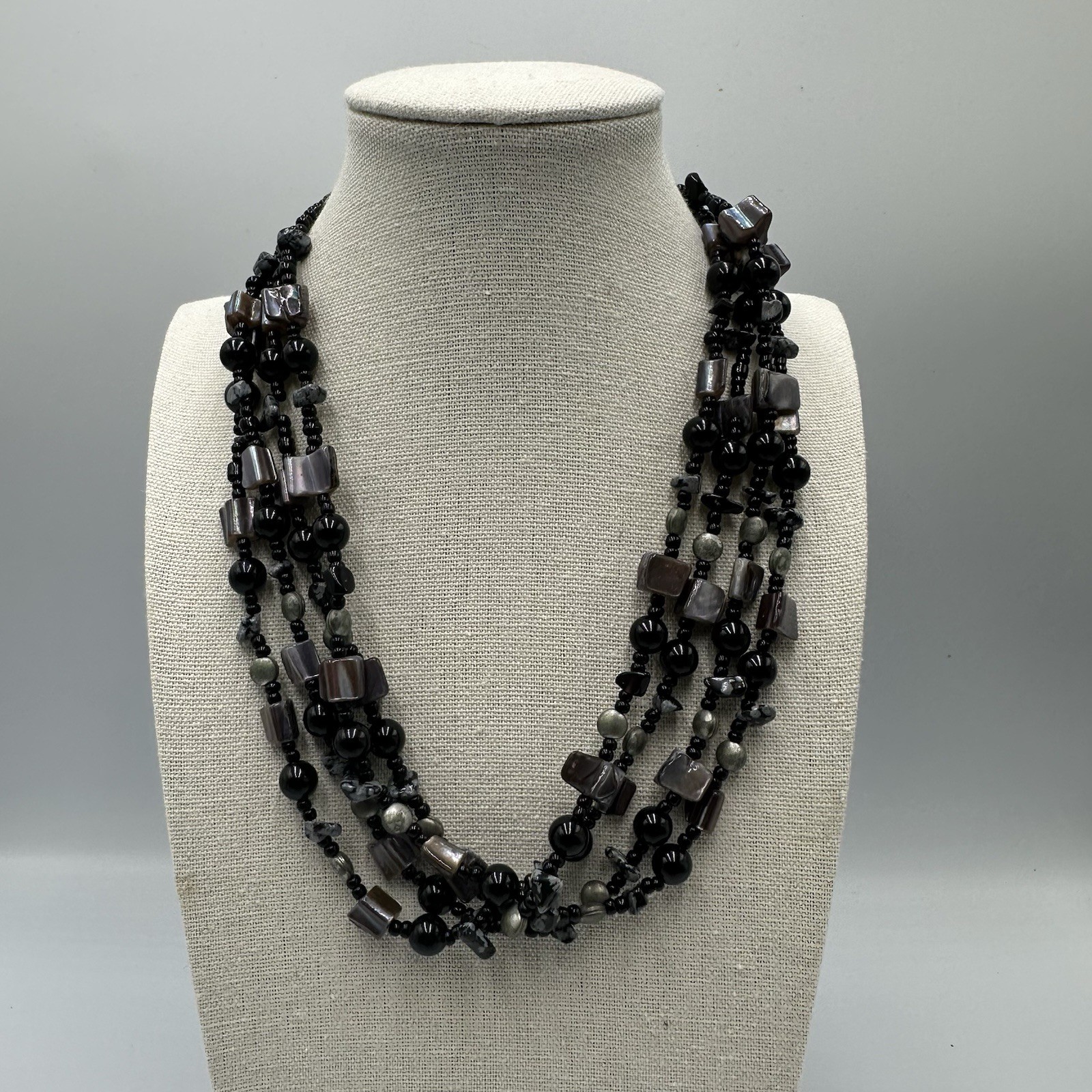 Shell Bead Necklace Multi Strand Black Grey Chunky Layered Jewelry 18 Inch