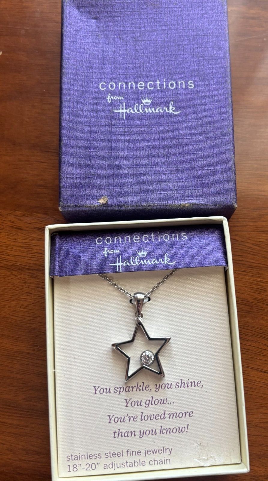 Connections Hallmark Stainless Steel Sparkle Star Necklace 18″ Chain Adjustable