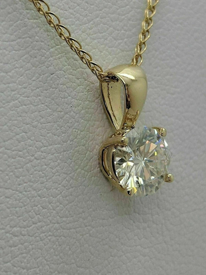 3CT Round-Cut Real Moissanite Solitaire Pendant 14K Yellow Gold Plated 18″ Chain