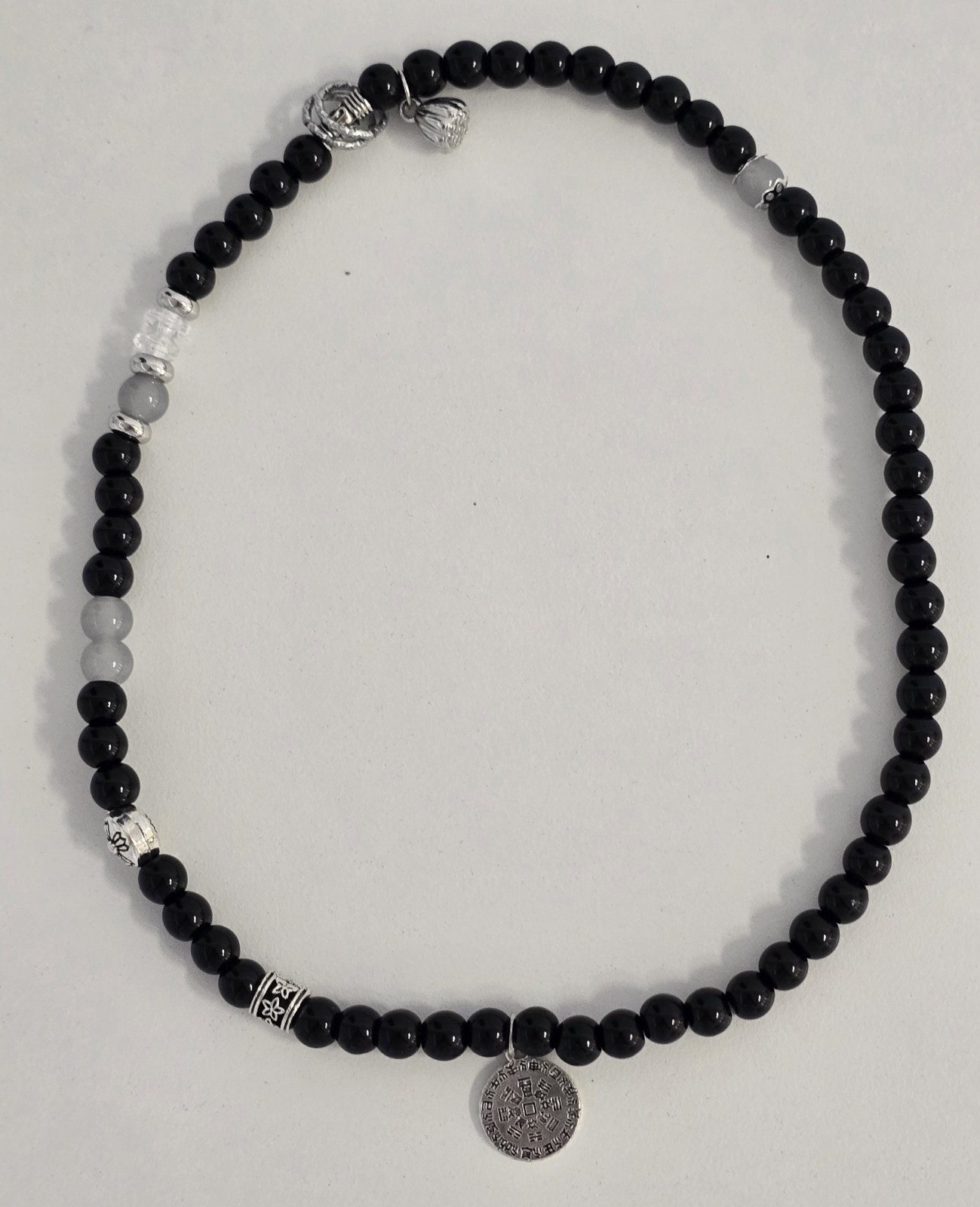 Chinese-Style Coin Charm Pendant – New – Polished Black Onyx Beaded Gemstone