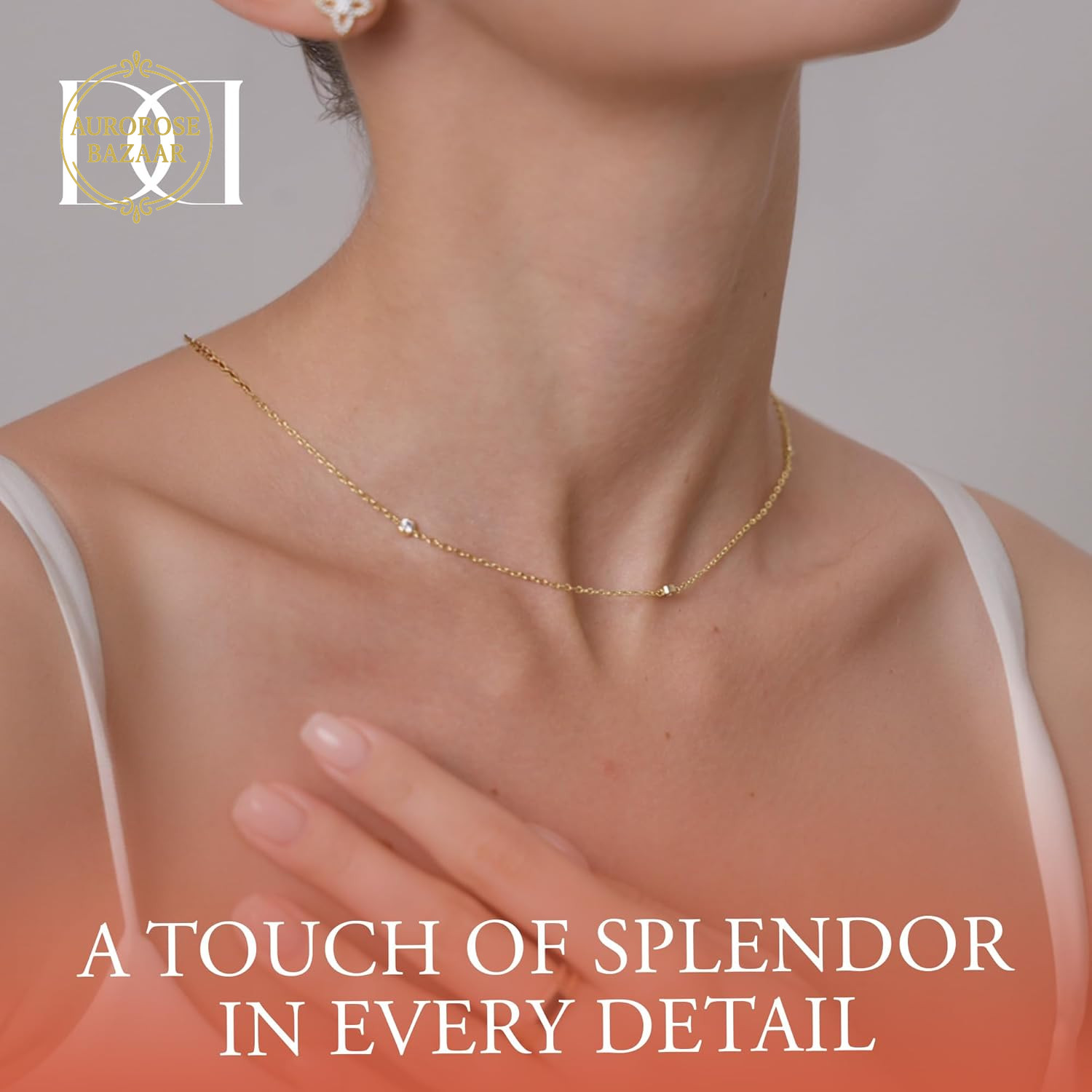 14K White/Yellow Gold Plated Station Necklace | Cubic Zirconia Dainty Chain Neck