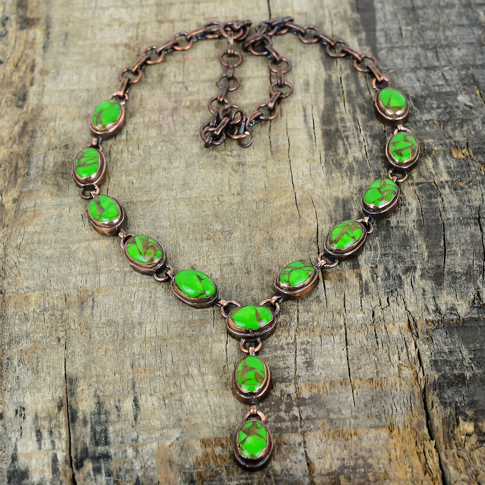 Valentines Deal Copper Green Turquoise Stone Chain Electroformed Necklace Copper
